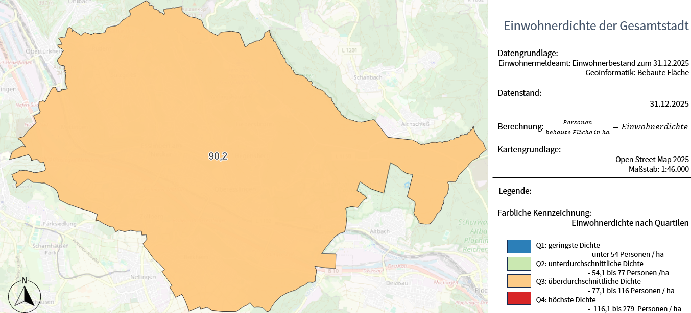 Die Karte zeigt die Bevölkerungsdichte (Einwohnende pro ha bebaute Fläche) nach Gebietseinheit als Gesamtkarte der Stadt