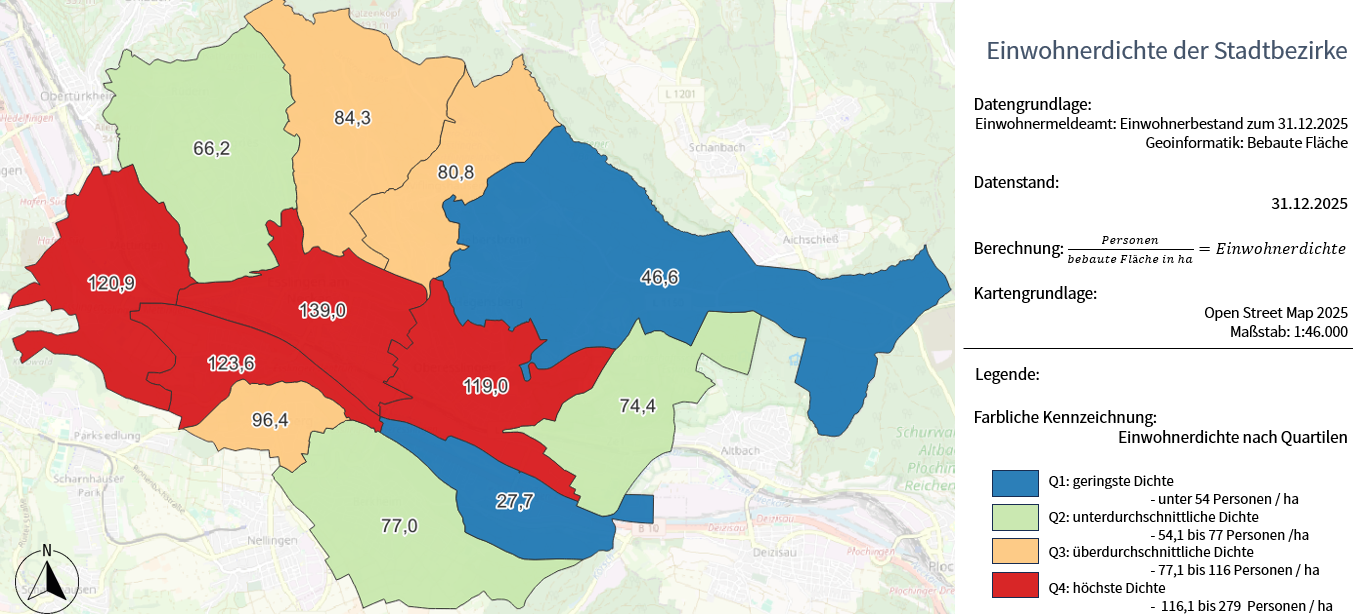Die Karte zeigt die Bevölkerungsdichte (Einwohnende pro ha bebaute Fläche) nach Gebietseinheit als Gesamtkarte der Stadt