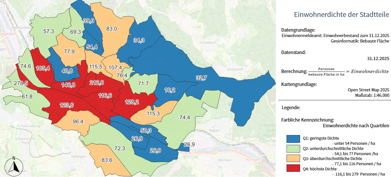 Die Karte zeigt die Bevölkerungsdichte (Einwohnende pro ha bebaute Fläche) nach Gebietseinheit als Gesamtkarte der Stadt